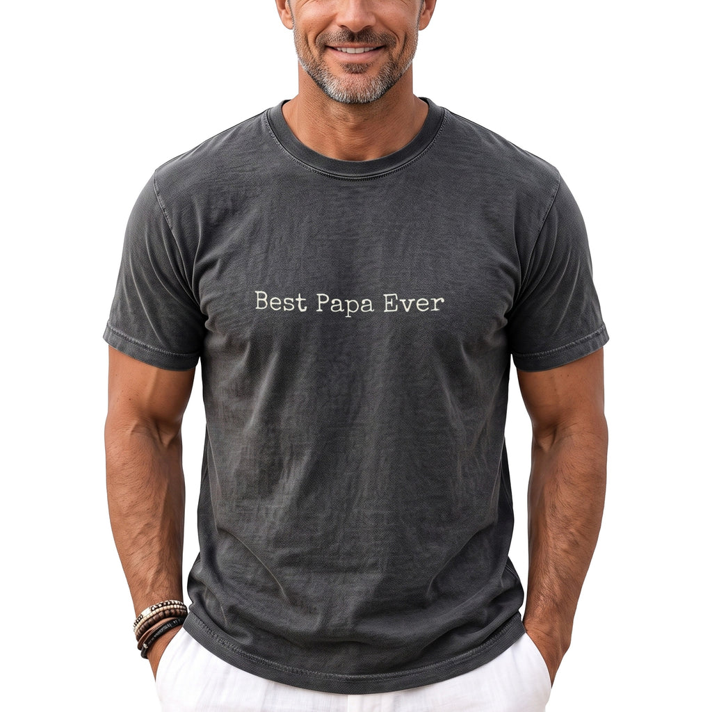 Man wearing a grey t-shirt with "Best Papa Ever" printed on it.