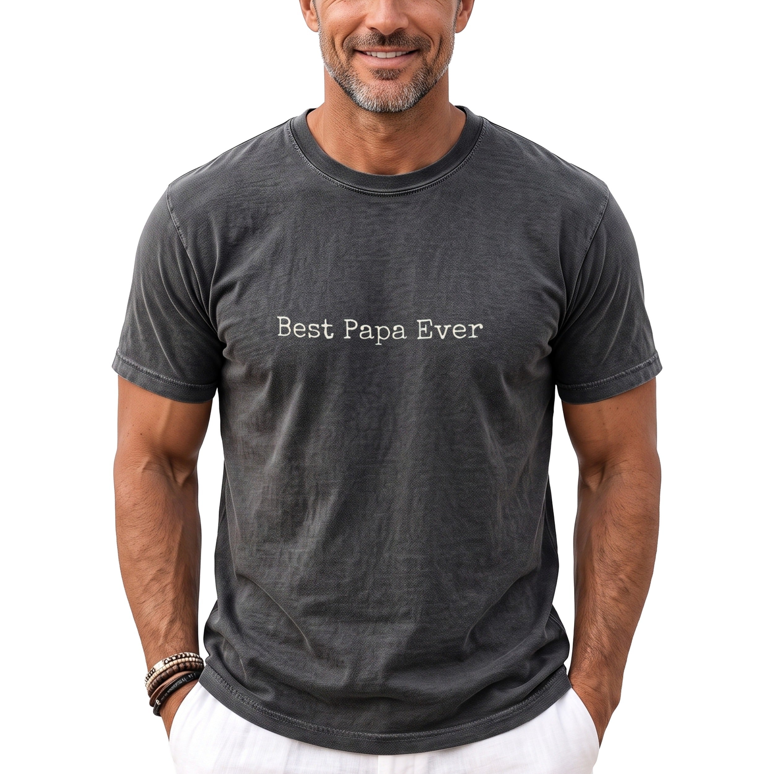 Man wearing a grey t-shirt with "Best Papa Ever" printed on it.