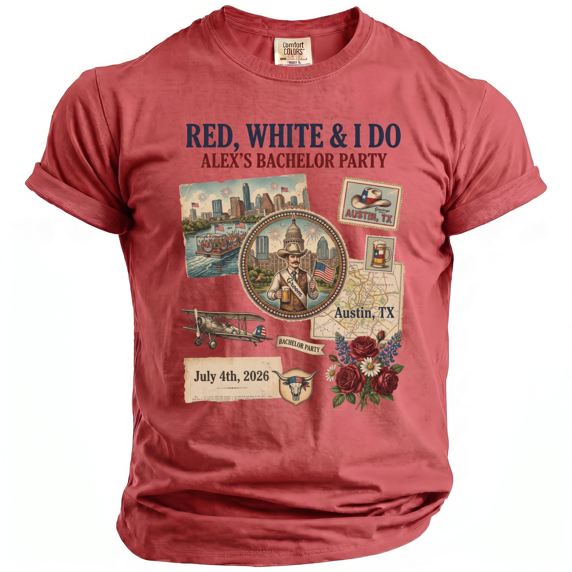 Red, White & I Do Alex's Bachelor Party July 4th, 2026 Austin, TX graphic tee.