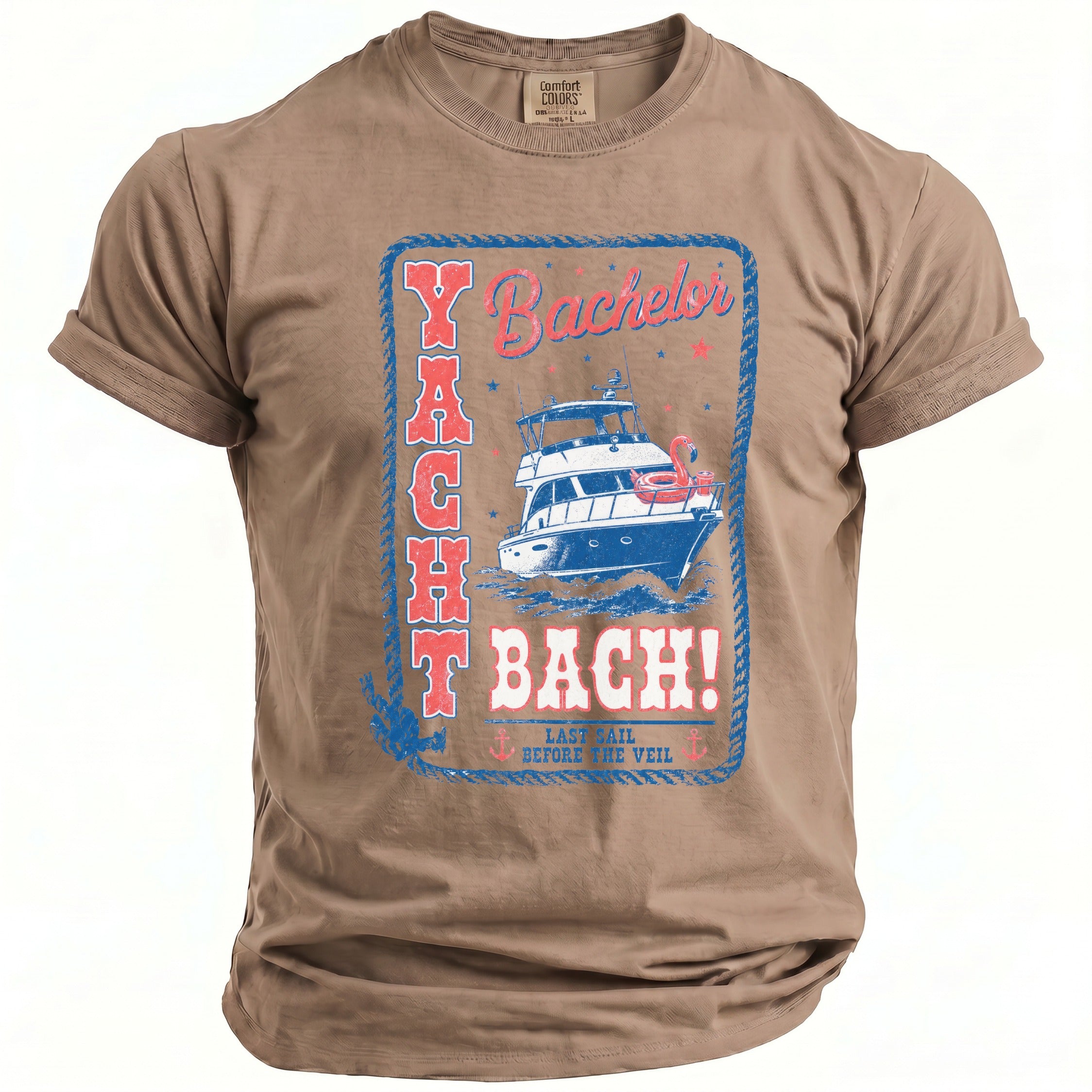 A tan crewneck t-shirt featuring a blue and red nautical graphic that reads Yacht Bach.