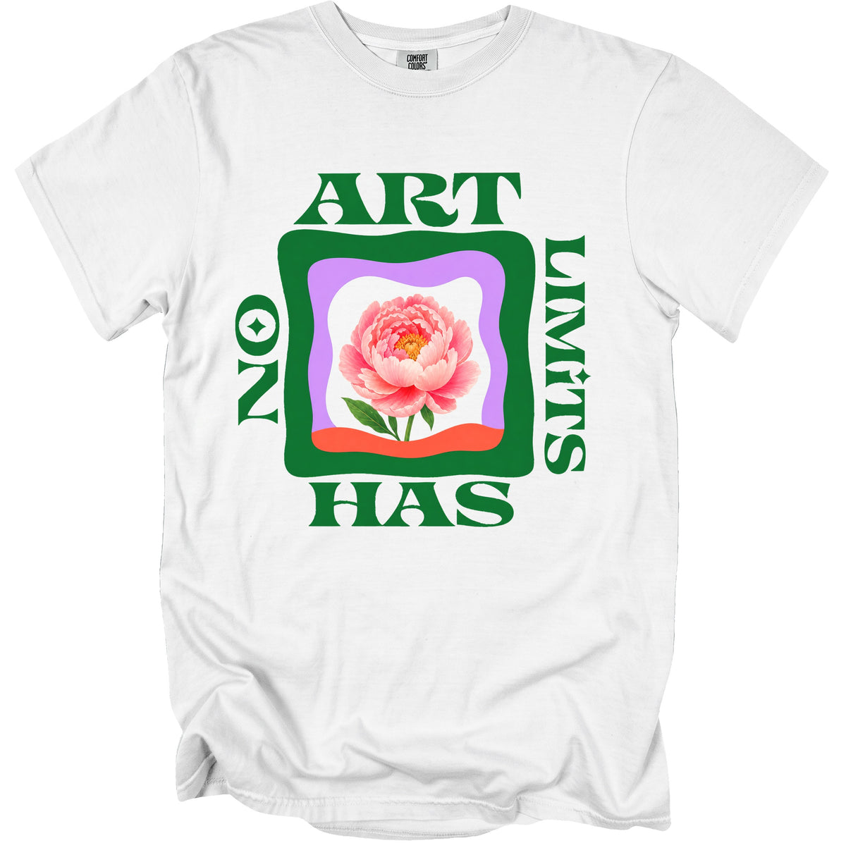 White t-shirt with green text "ART" and "HAS" framing a pink peony in abstract shapes.