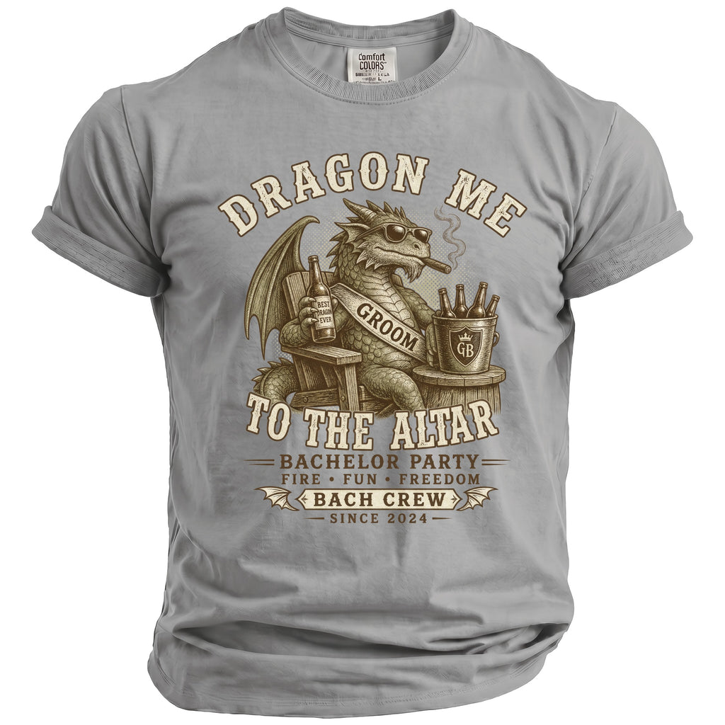 Dragon smoking cigar, wearing sunglasses and "Groom" sash, beer in hand, text "Dragon Me To The Altar".