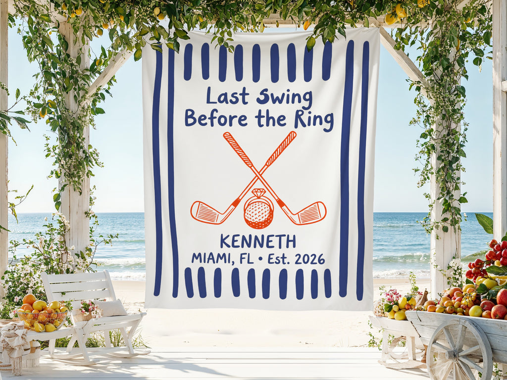 "Last Swing Before the Ring" banner with golf clubs, ring, and text "Kenneth Miami, FL Est. 2026".