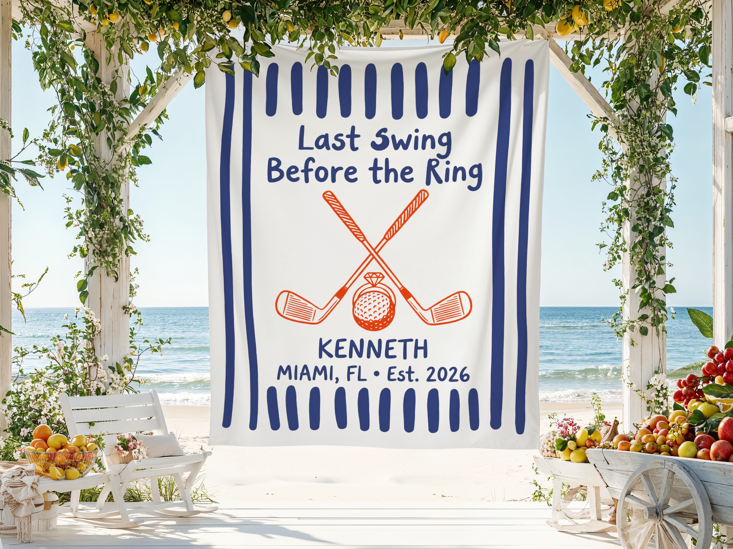 "Last Swing Before the Ring" banner with golf clubs, ring, and text "Kenneth Miami, FL Est. 2026".