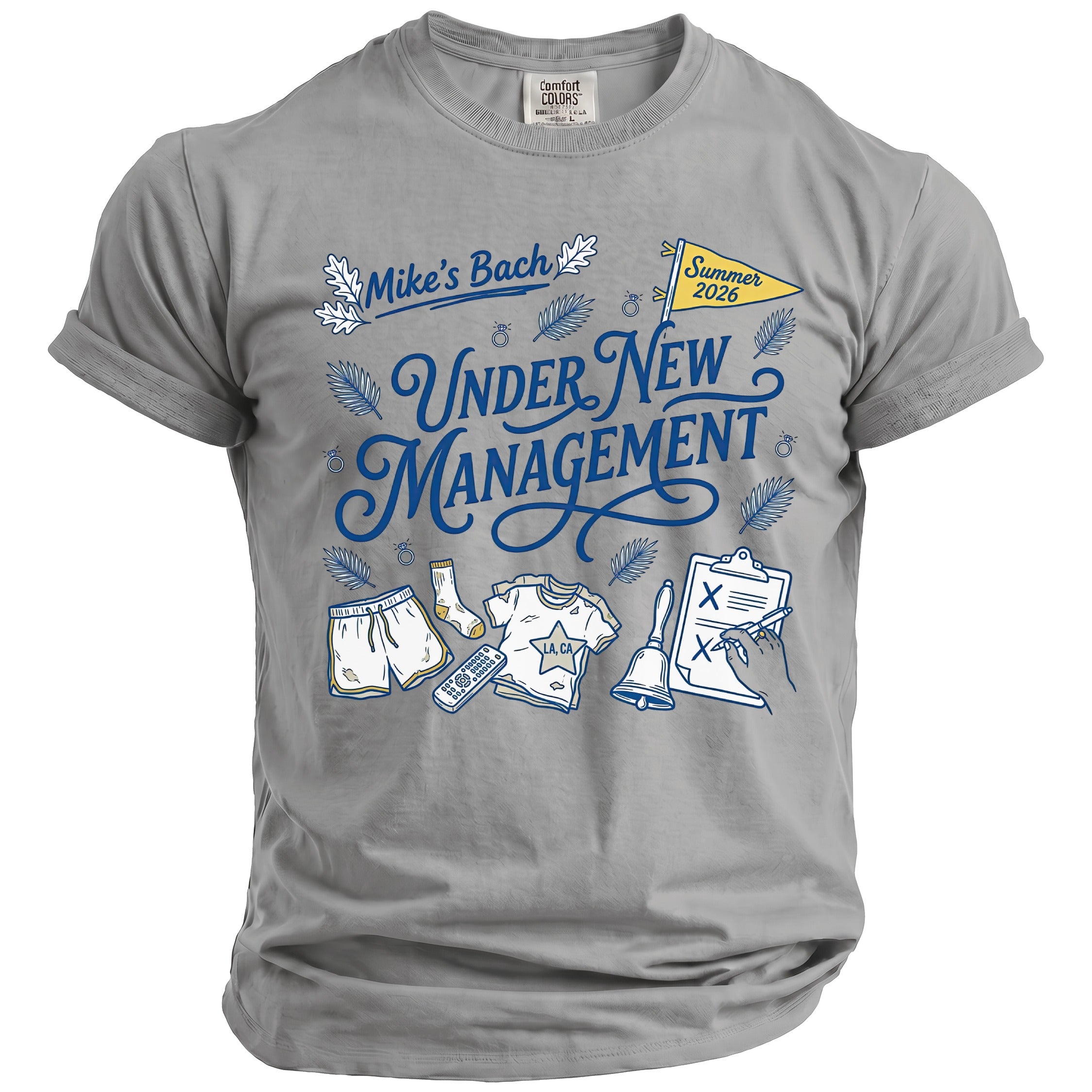 Grey t-shirt with "Mike's Bach UNDER NEW MANAGEMENT" and bachelor party graphics.