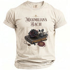 T-shirt with "MAXIMILIAN'S BACH READING BETWEEN THE LINES" graphic.