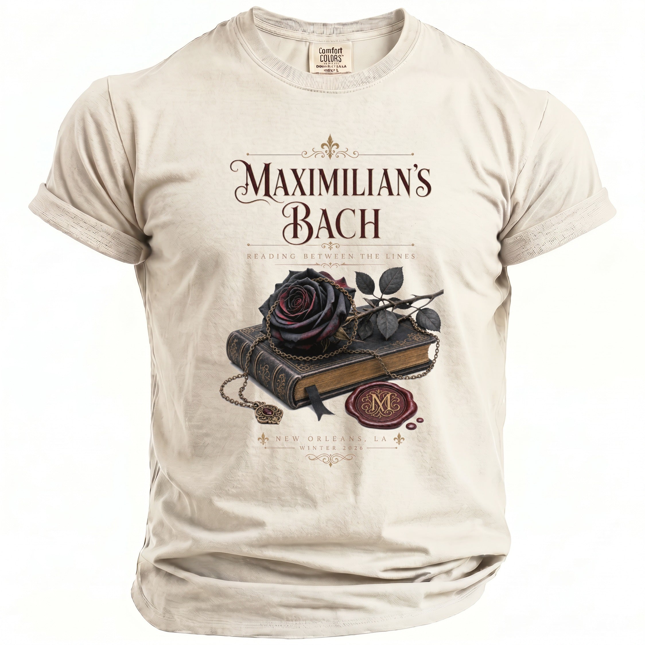 T-shirt with "MAXIMILIAN'S BACH READING BETWEEN THE LINES" graphic.