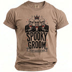T-shirt with three skulls in suits, crown, and text "SPOOKY GROOM TYLER'S BACHELOR BASH".