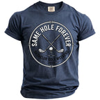 Navy t-shirt with "Same Hole Forever Bachelor Golf Weekend 2026" graphic.
