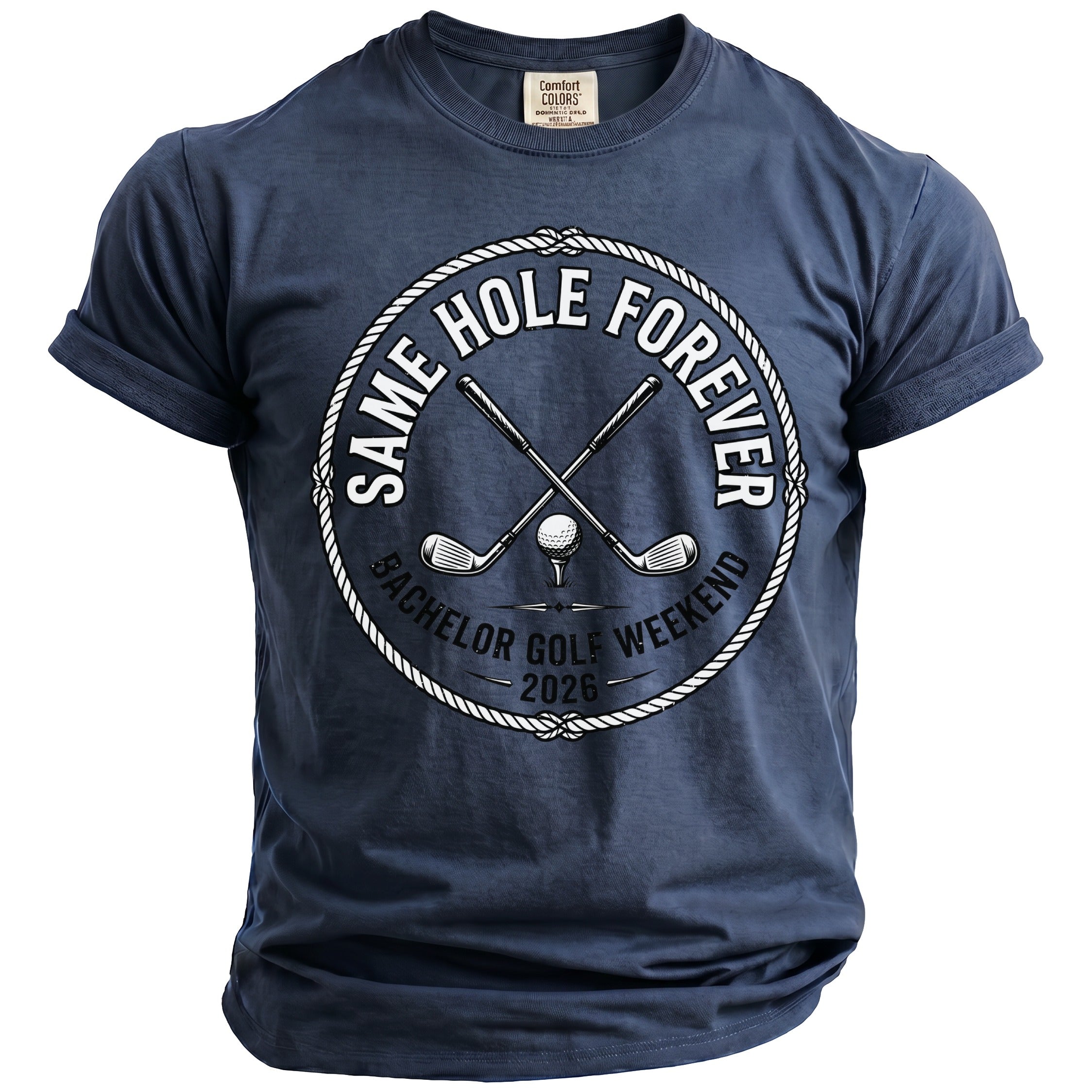 Navy t-shirt with "Same Hole Forever Bachelor Golf Weekend 2026" graphic.