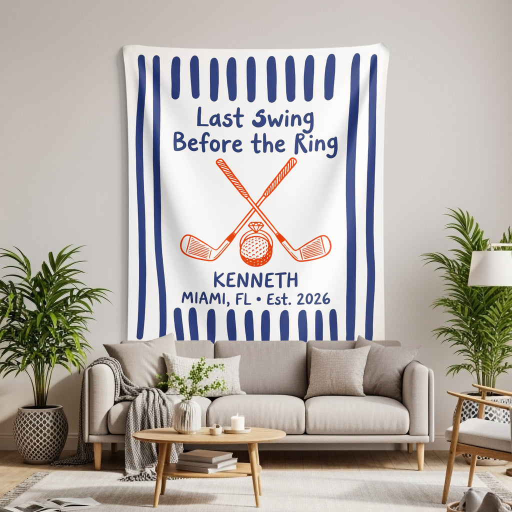 Tapestry with "Last Swing Before the Ring" text, golf clubs, and engagement ring.