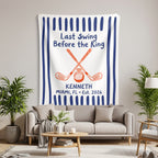 Tapestry with "Last Swing Before the Ring" text, golf clubs, and engagement ring.