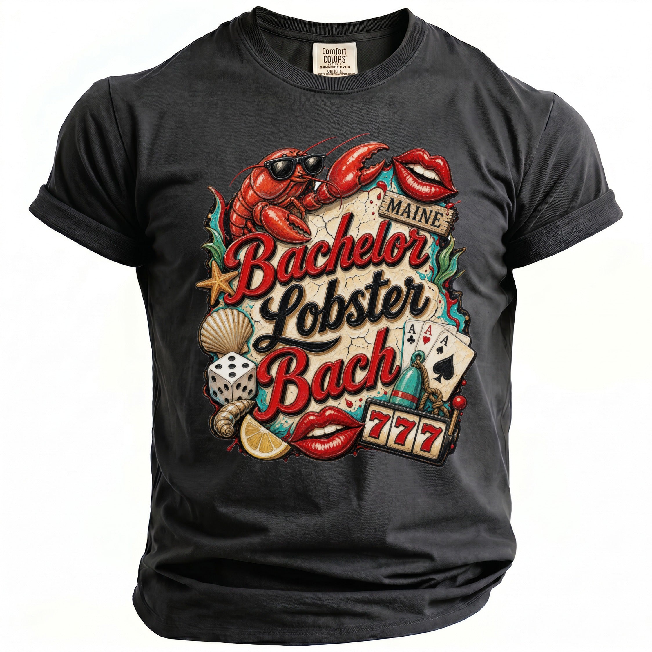 Dark t-shirt with "Bachelor Lobster Bach" graphic featuring a lobster, lips, cards, and dice.