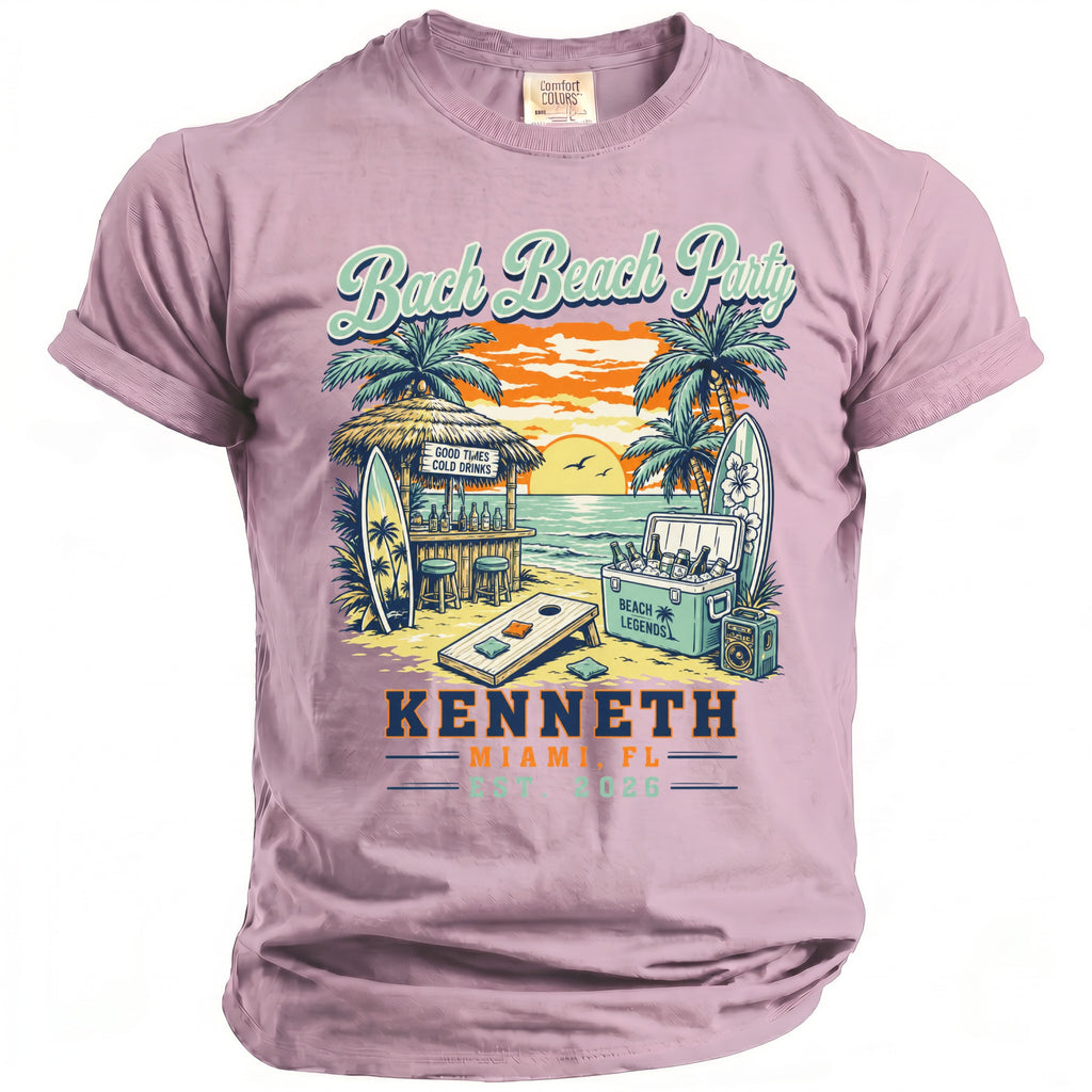 Summer beach party graphic with palm trees, surfboards, and a cooler.