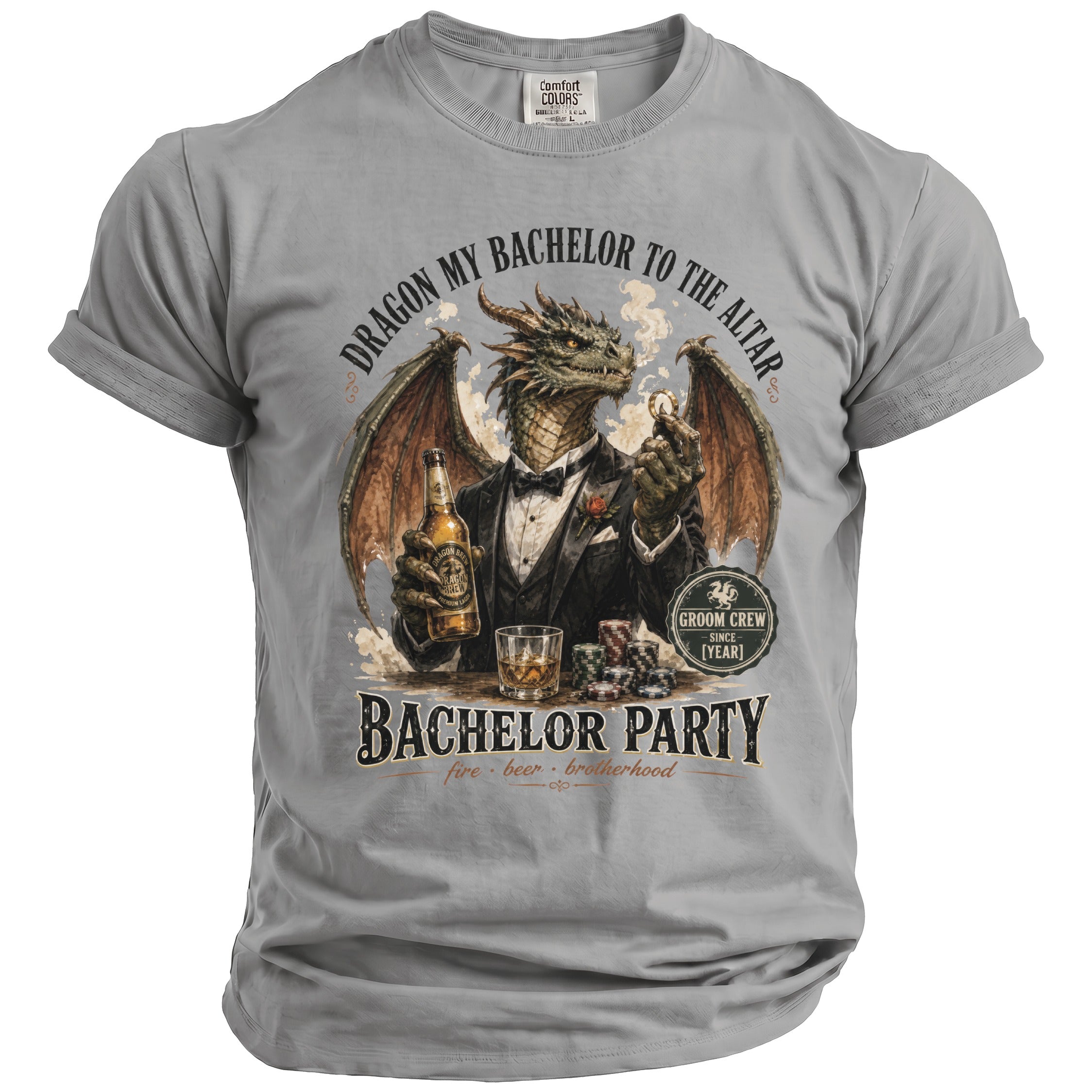 Grey t-shirt with dragon in a tuxedo holding a beer and poker chips.