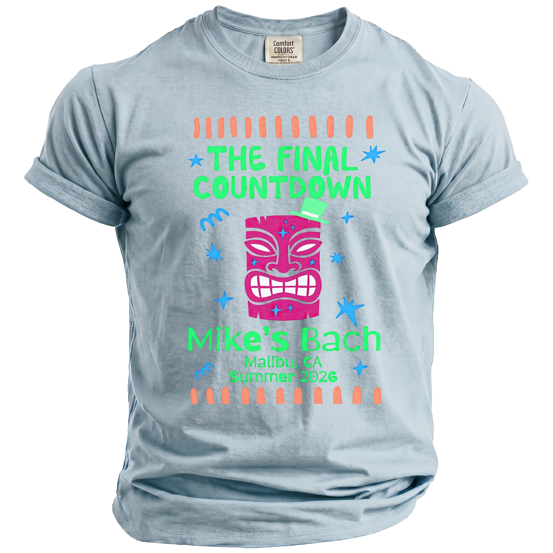 Light blue t-shirt with pink tiki mask, "The Final Countdown", "Mike's Bach", and location/date text.