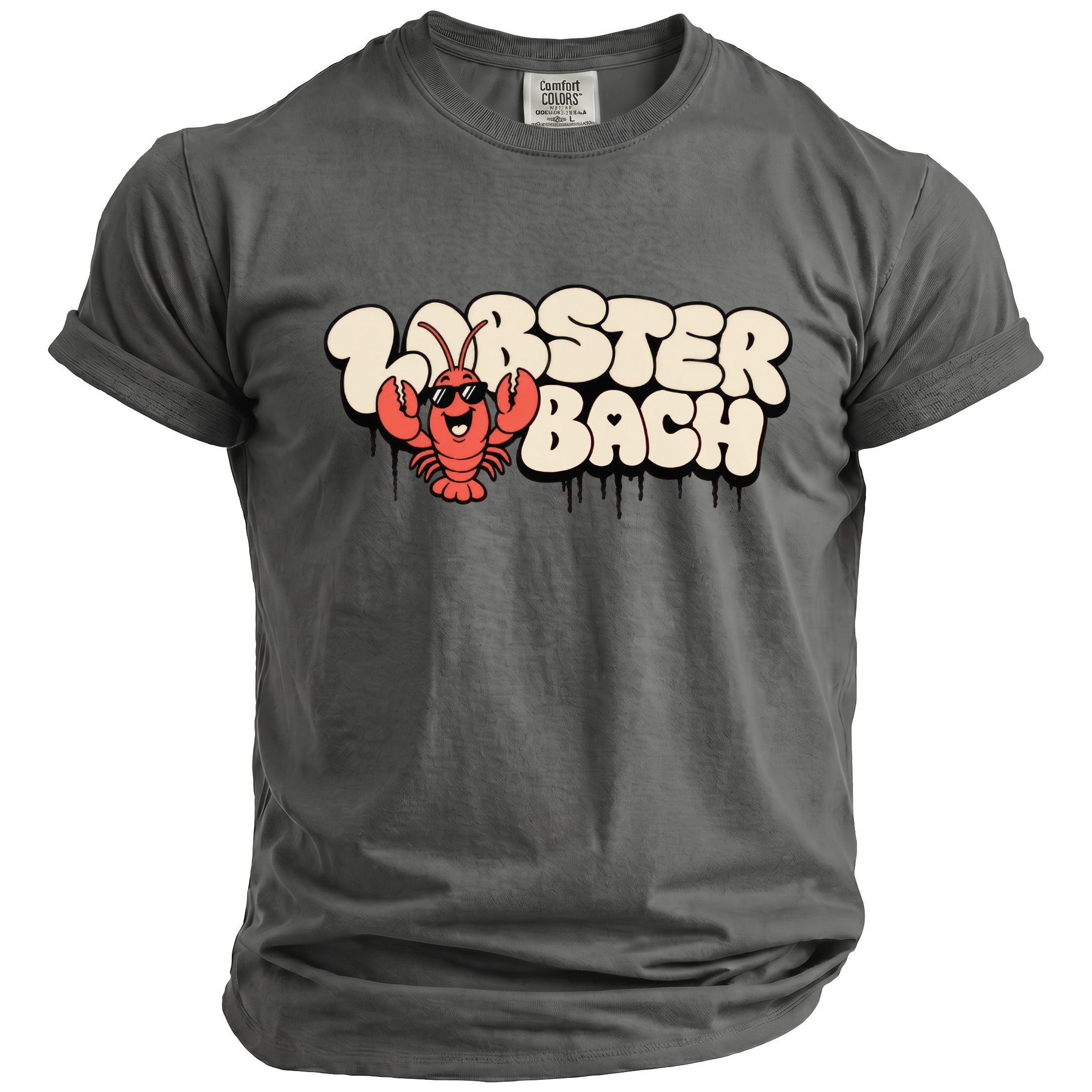 Gray t-shirt with cartoon lobster and "Lobster Bach" text.