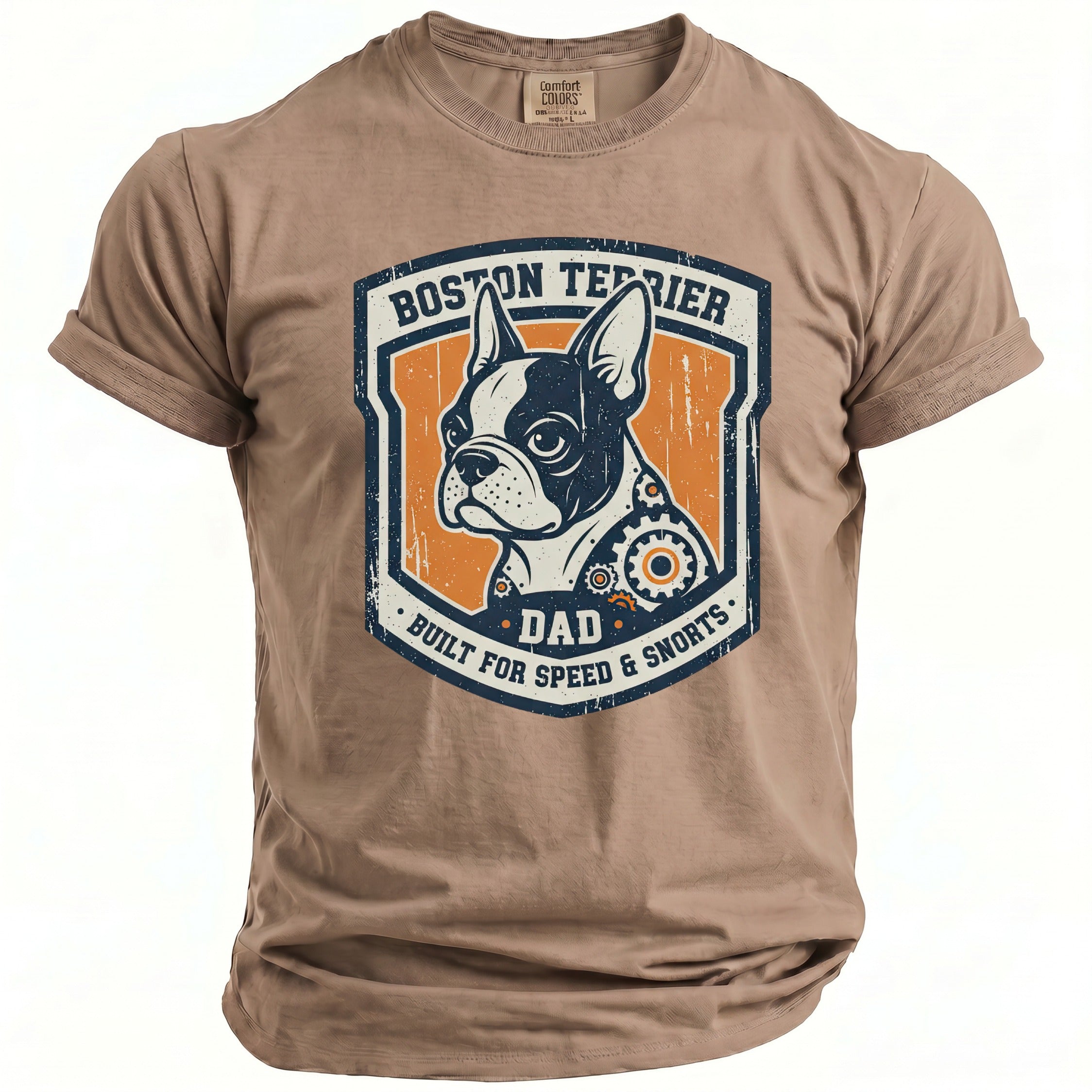 T-shirt with Boston Terrier graphic, "Dad Built For Speed & Snorts" text.
