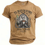 Tan t-shirt with skeleton graphic, "Til Death Do Us Party," and "Mike's Bach Salem, MA October 2026."