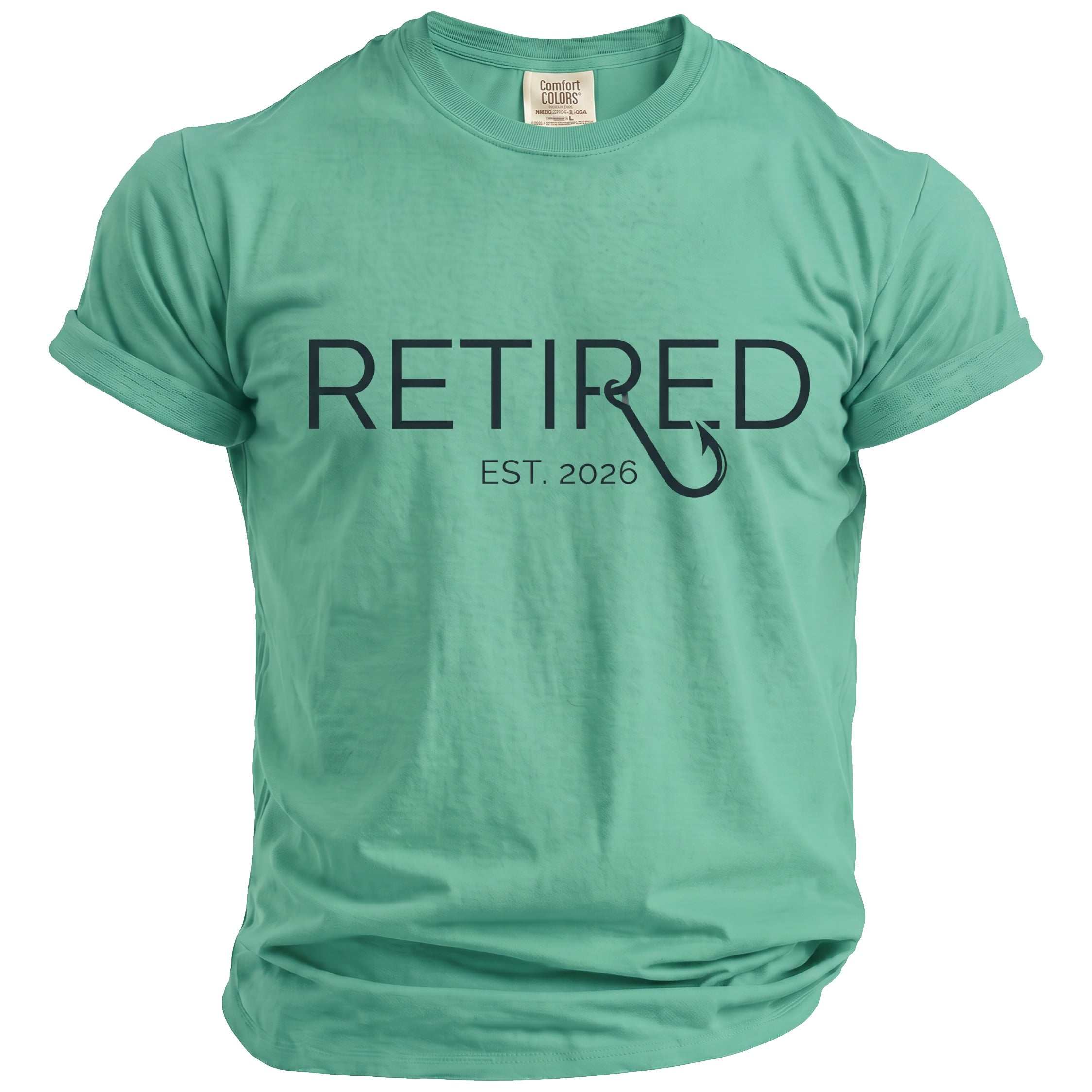 Green t-shirt with "RETIRED EST. 2026" and a fishing hook graphic.