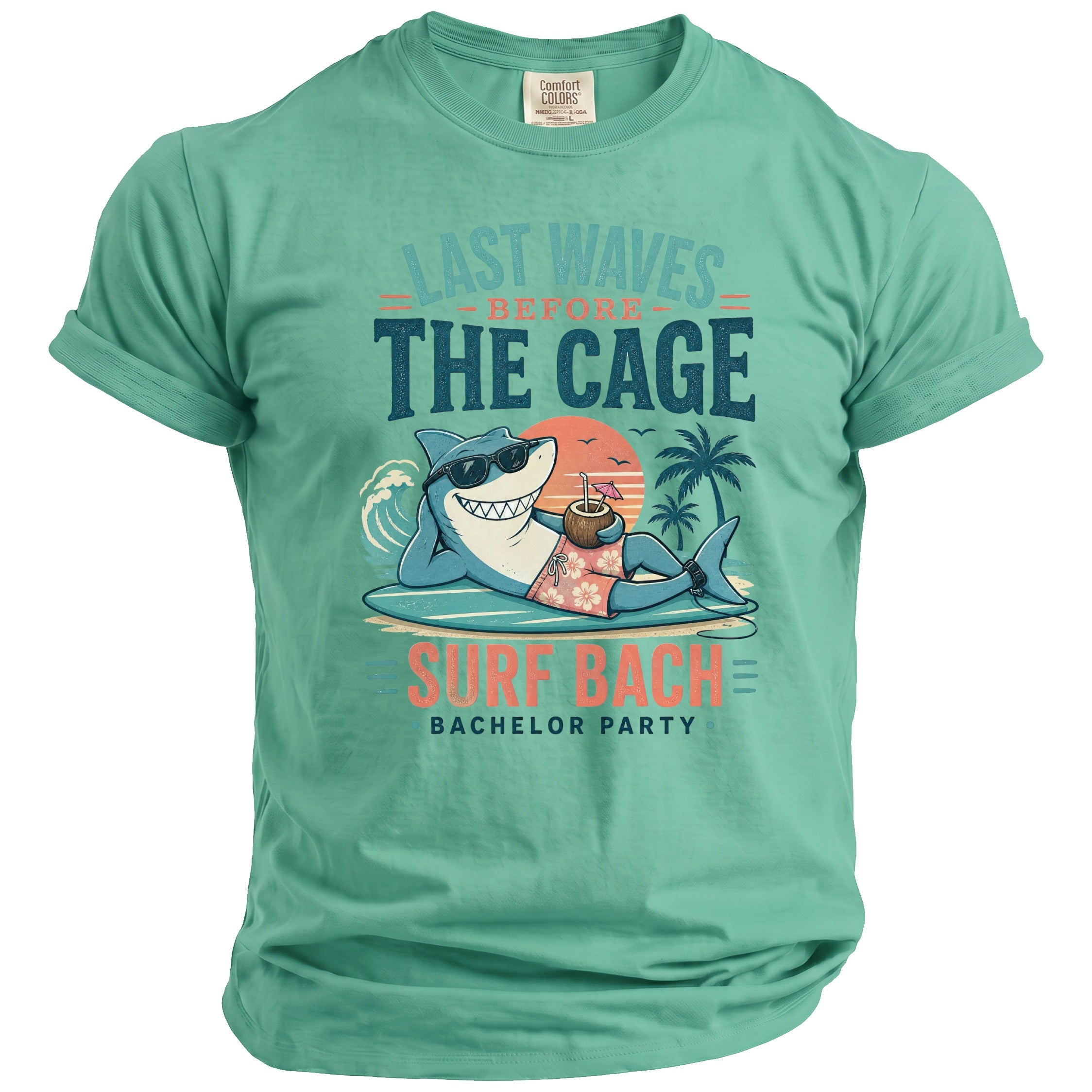 Shark in sunglasses on surfboard with coconut drink, "Last Waves Before The Cage Surf Bach" text.