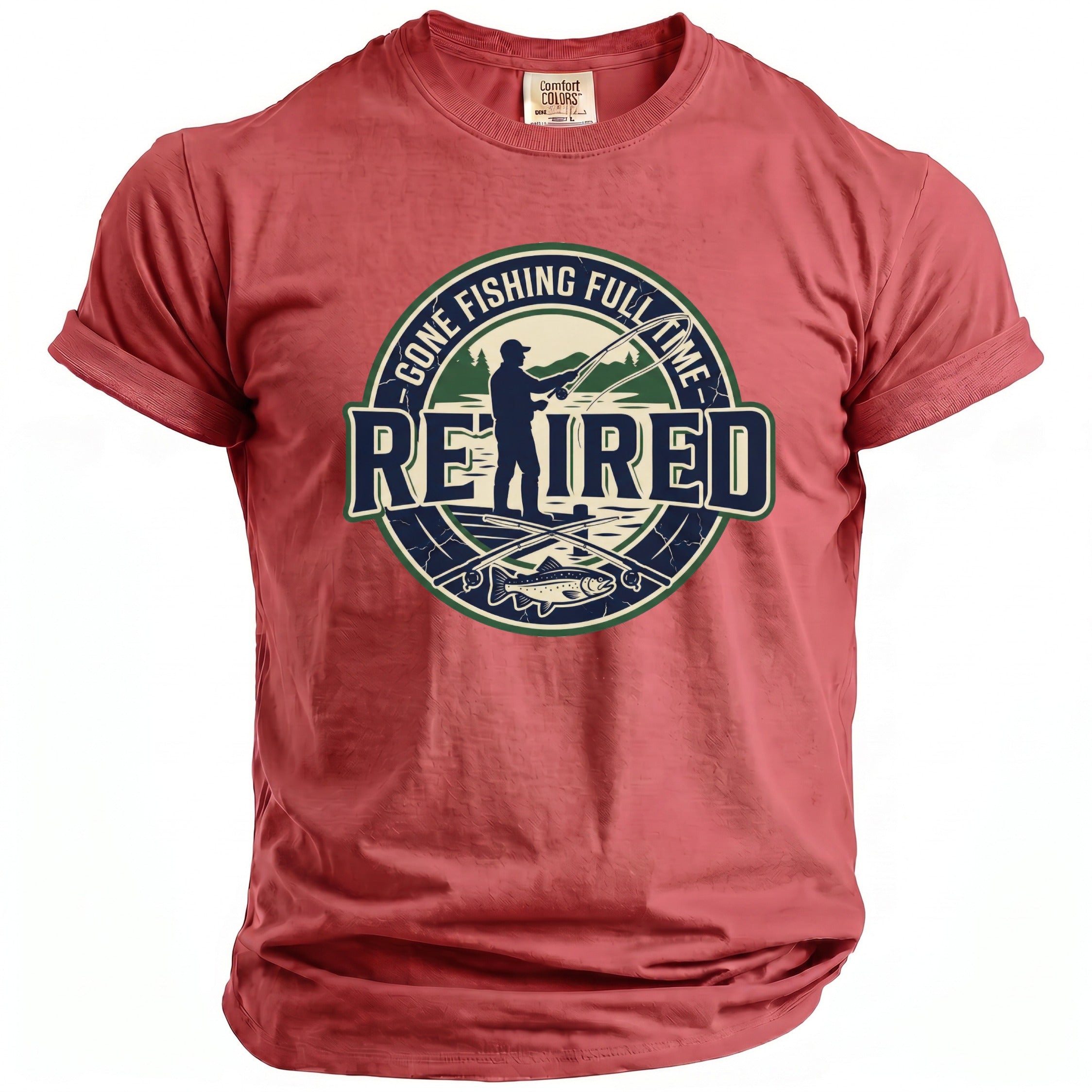 Salmon t-shirt with "Retired Gone Fishing Full Time" graphic and fishing imagery.