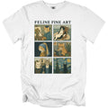 White t-shirt with "Feline Fine Art" text and six panels of famous artworks reimagined with cats.