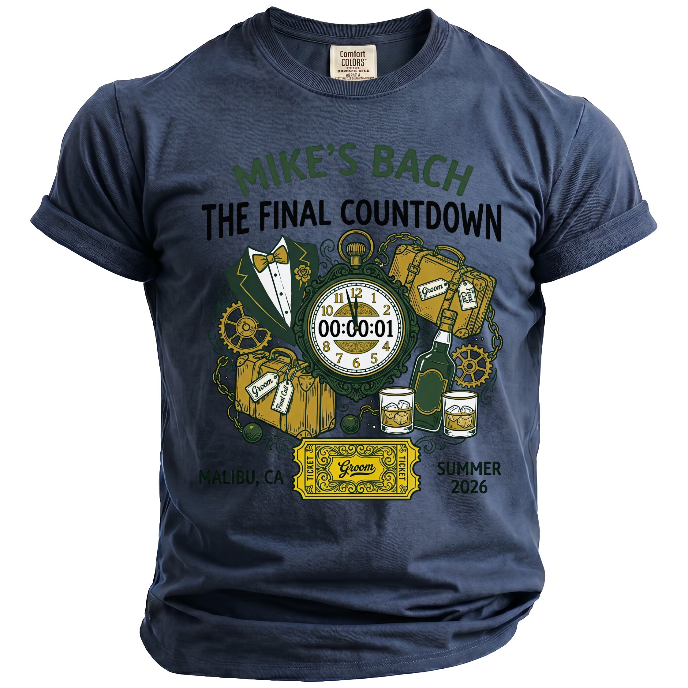 T-shirt with "Mike's Bach The Final Countdown" text and graphic elements.