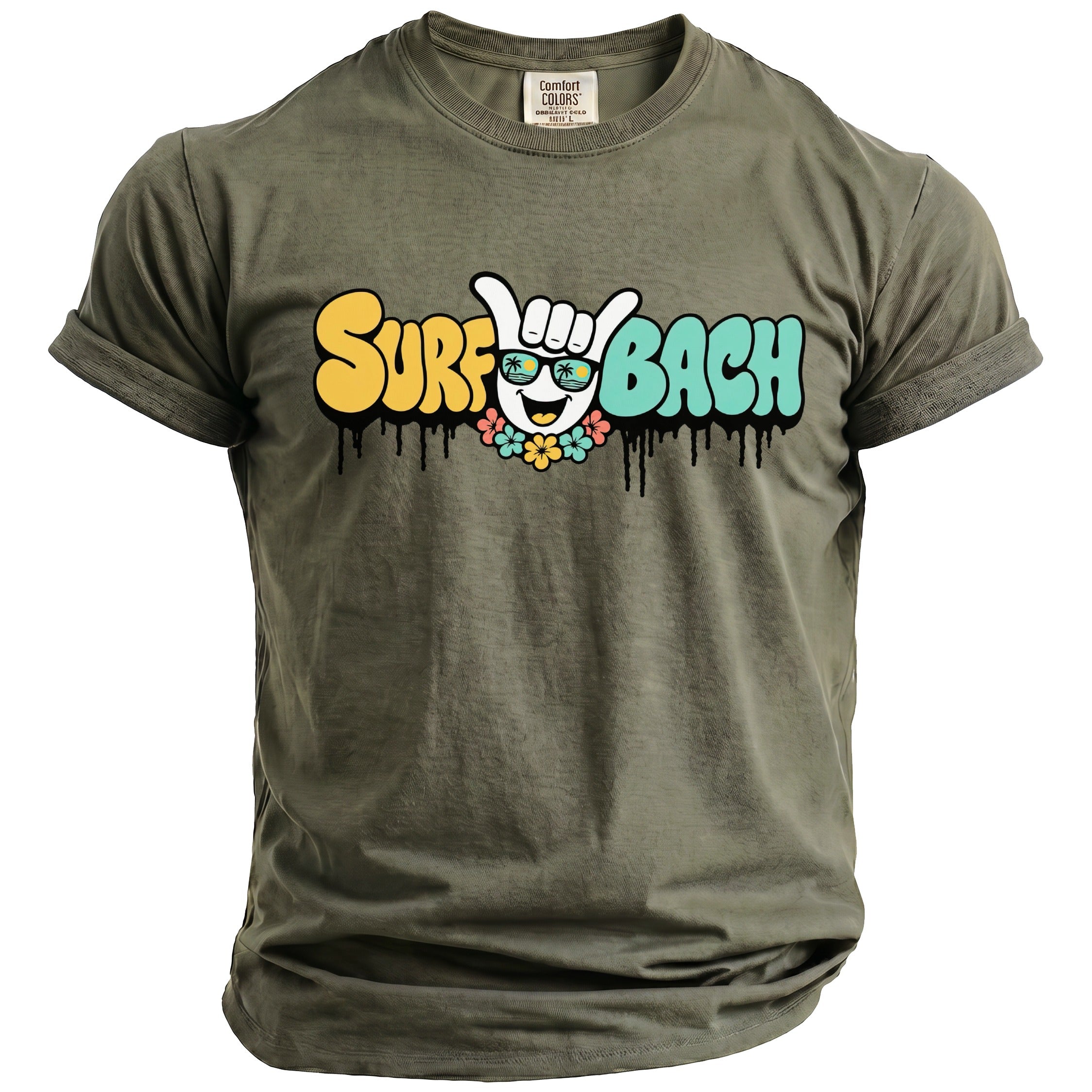 Olive green t-shirt with "SURF BACH" text and a smiling sun wearing sunglasses.