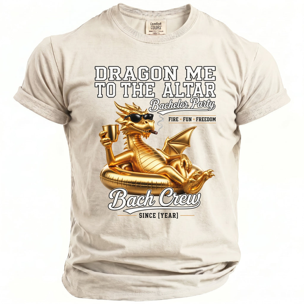 T-shirt with gold dragon, sunglasses, cigar, celebrating "Bachelor Party" and "Bach Crew".