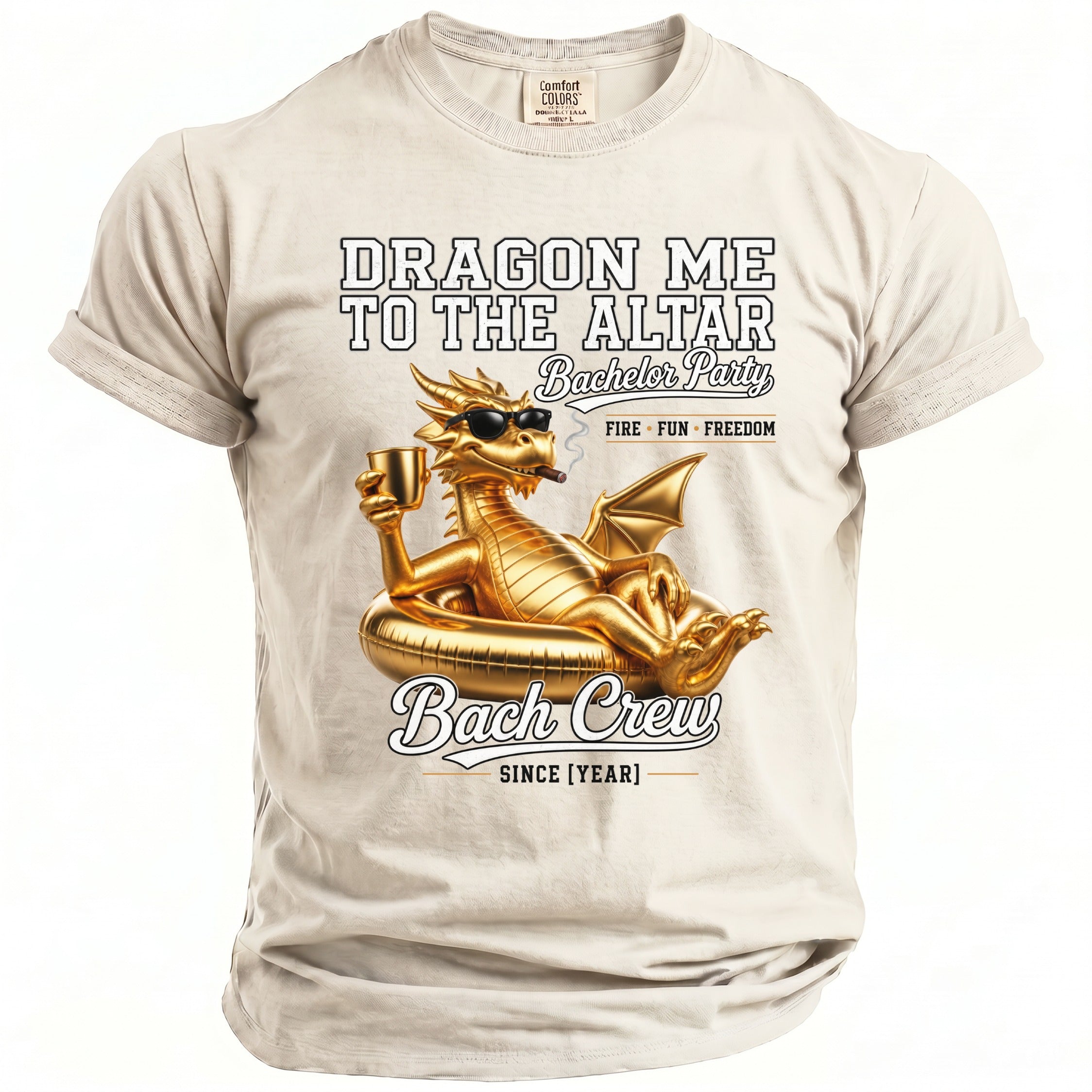 T-shirt with gold dragon, sunglasses, cigar, celebrating "Bachelor Party" and "Bach Crew".