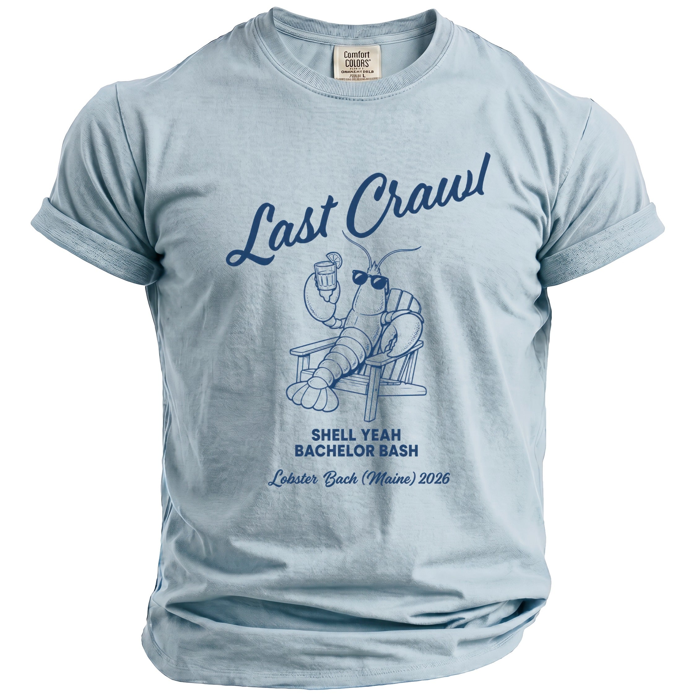 Light blue t-shirt with "Last Crawl" and a lobster graphic.
