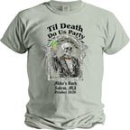 Skeleton in a tuxedo holding a drink with text "Til Death Do Us Party" and event details.