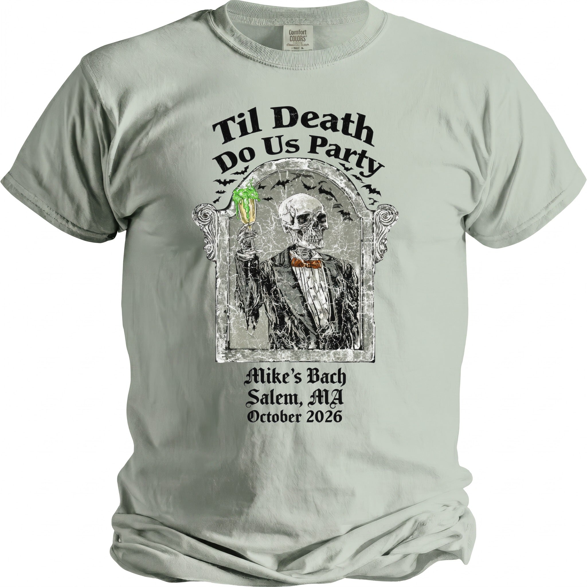 Skeleton in a tuxedo holding a drink with text "Til Death Do Us Party" and event details.