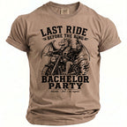 T-shirt graphic: dragon riding motorcycle with text "Last Ride Before the Ring Bachelor Party".