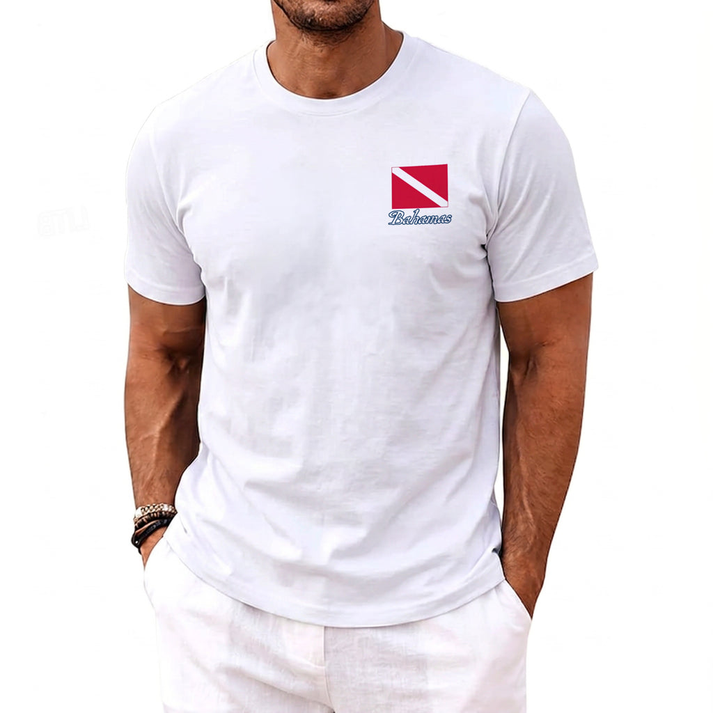White t-shirt with a small red and white dive flag and "Bahamas" text.