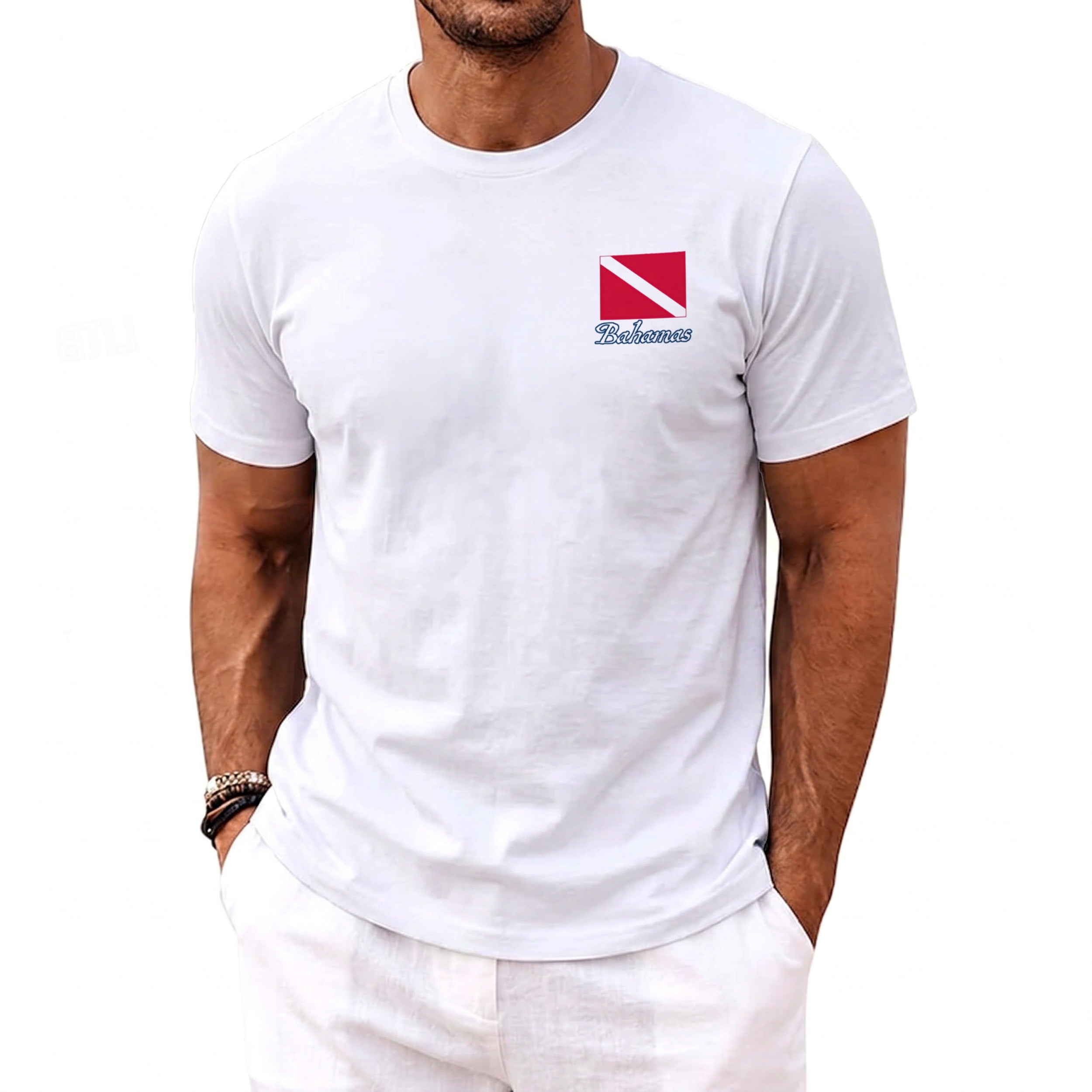 White t-shirt with a small red and white dive flag and "Bahamas" text.