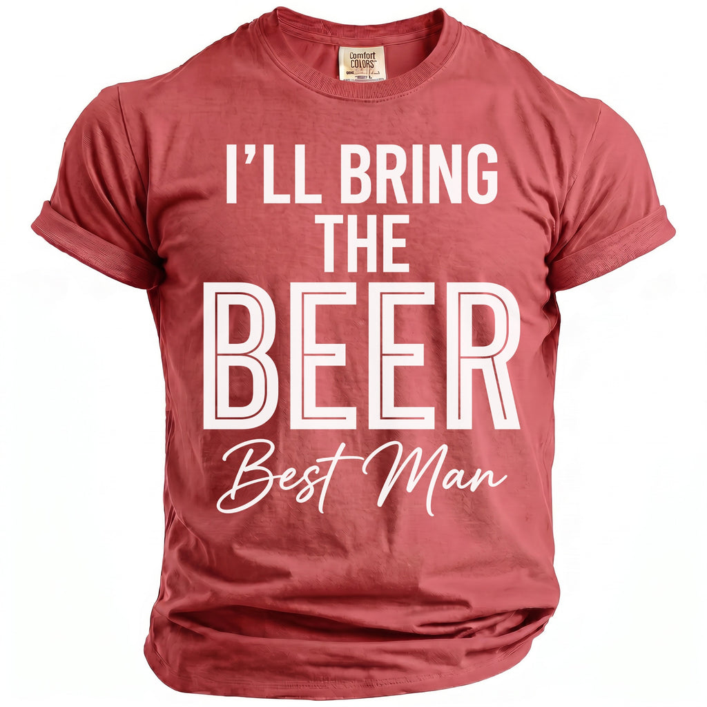 Coral t-shirt with white text: "I'LL BRING THE BEER Best Man".
