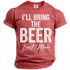 Coral t-shirt with white text: "I'LL BRING THE BEER Best Man".