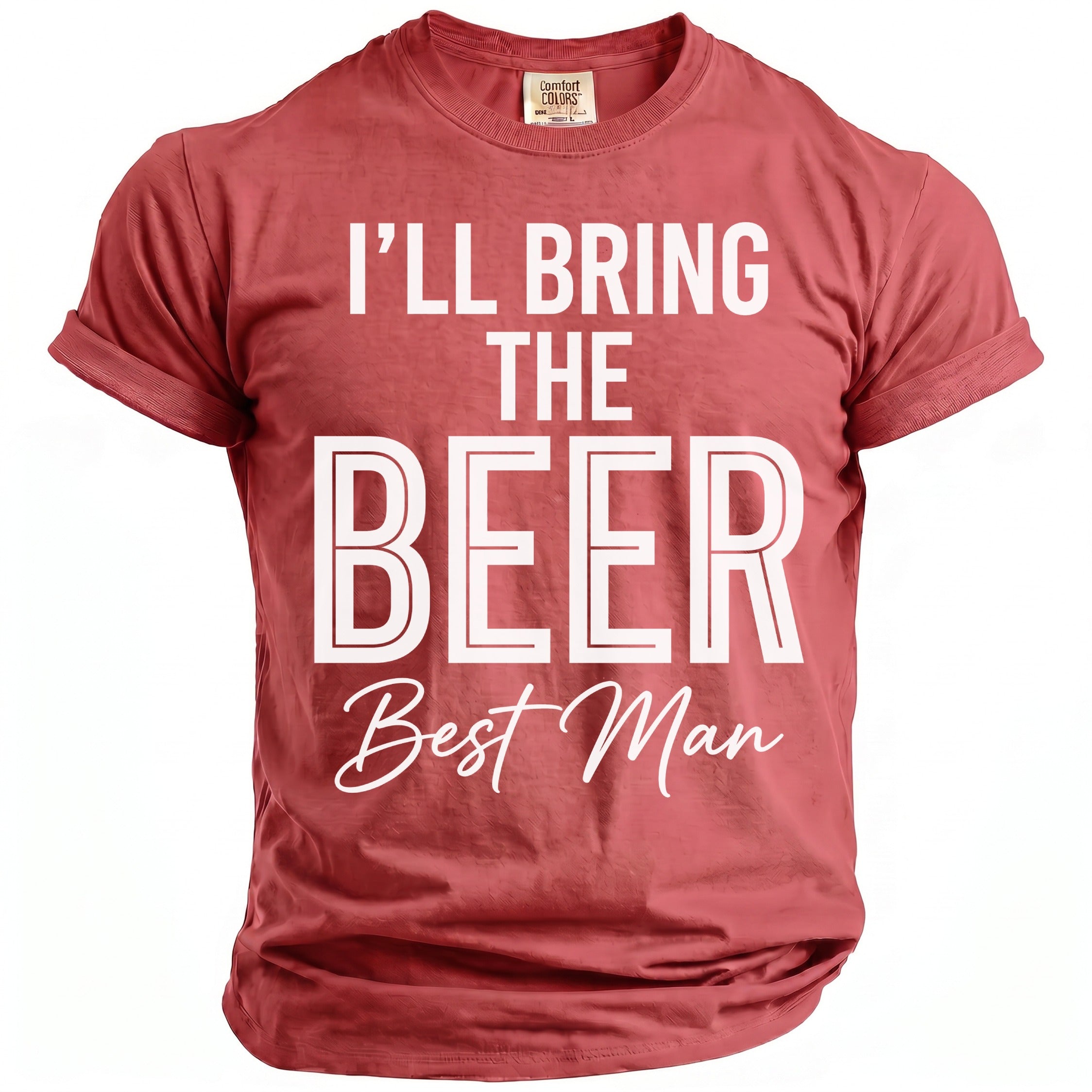 Coral t-shirt with white text: "I'LL BRING THE BEER Best Man".