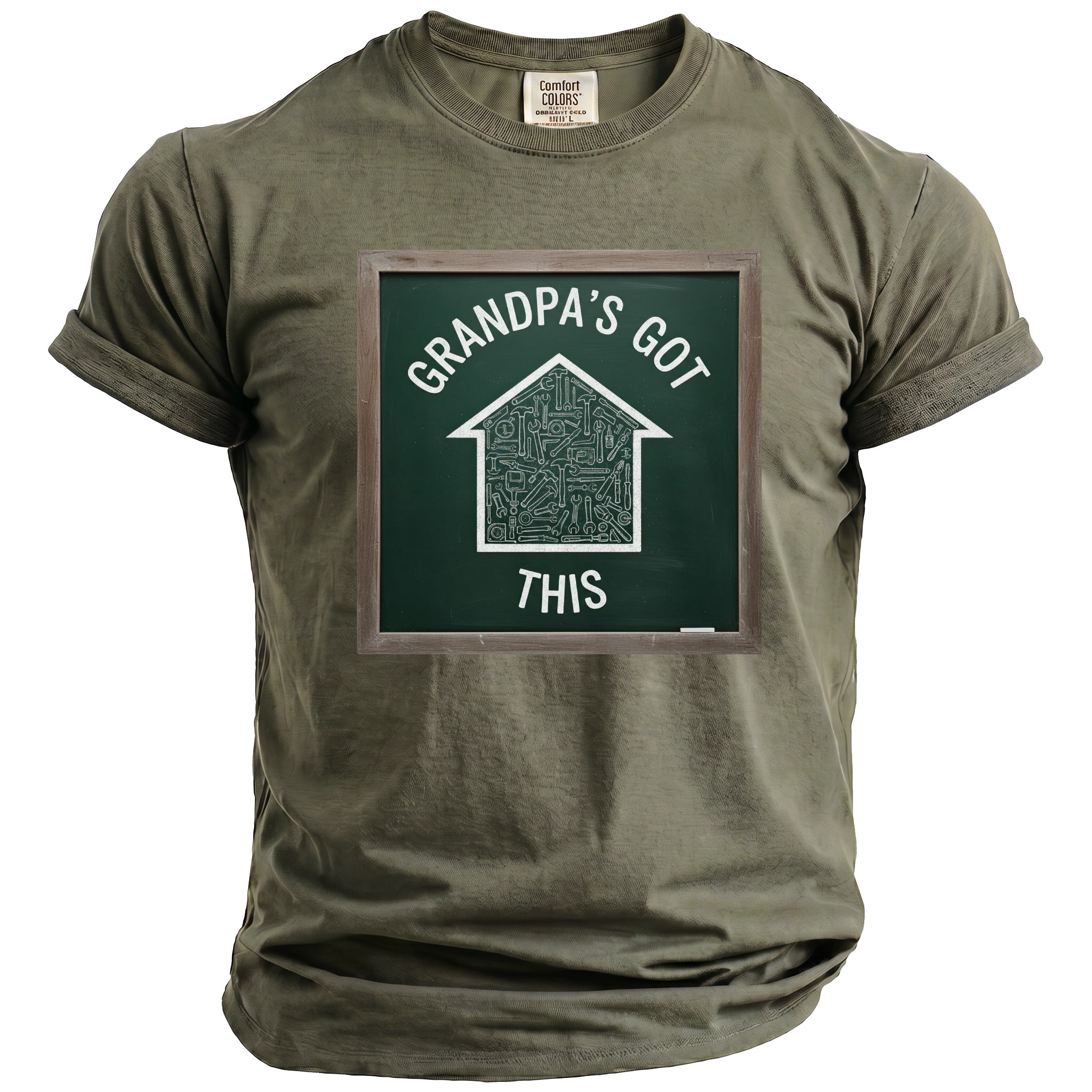 Green t-shirt with a chalkboard graphic of tools forming a house.