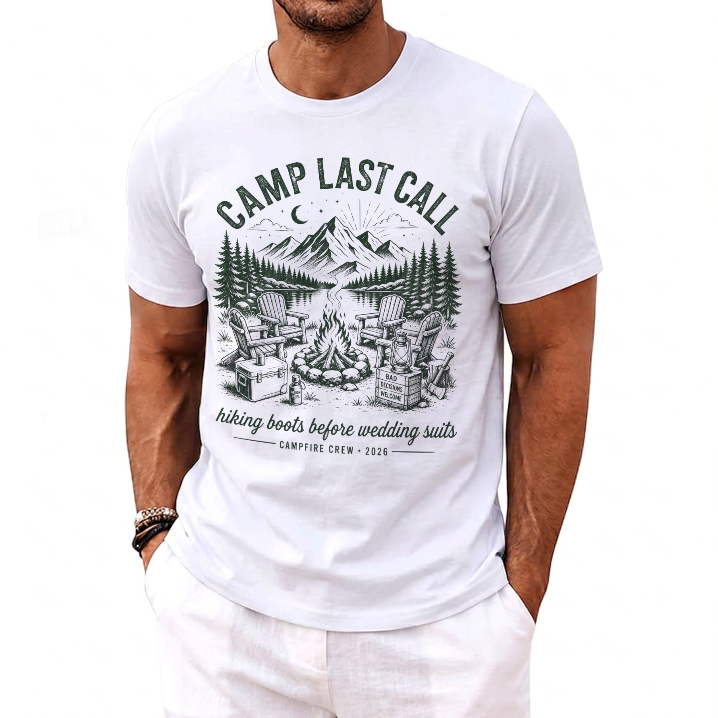 T-shirt with "CAMP LAST CALL" and campfire scene, "hiking boots before wedding suits".