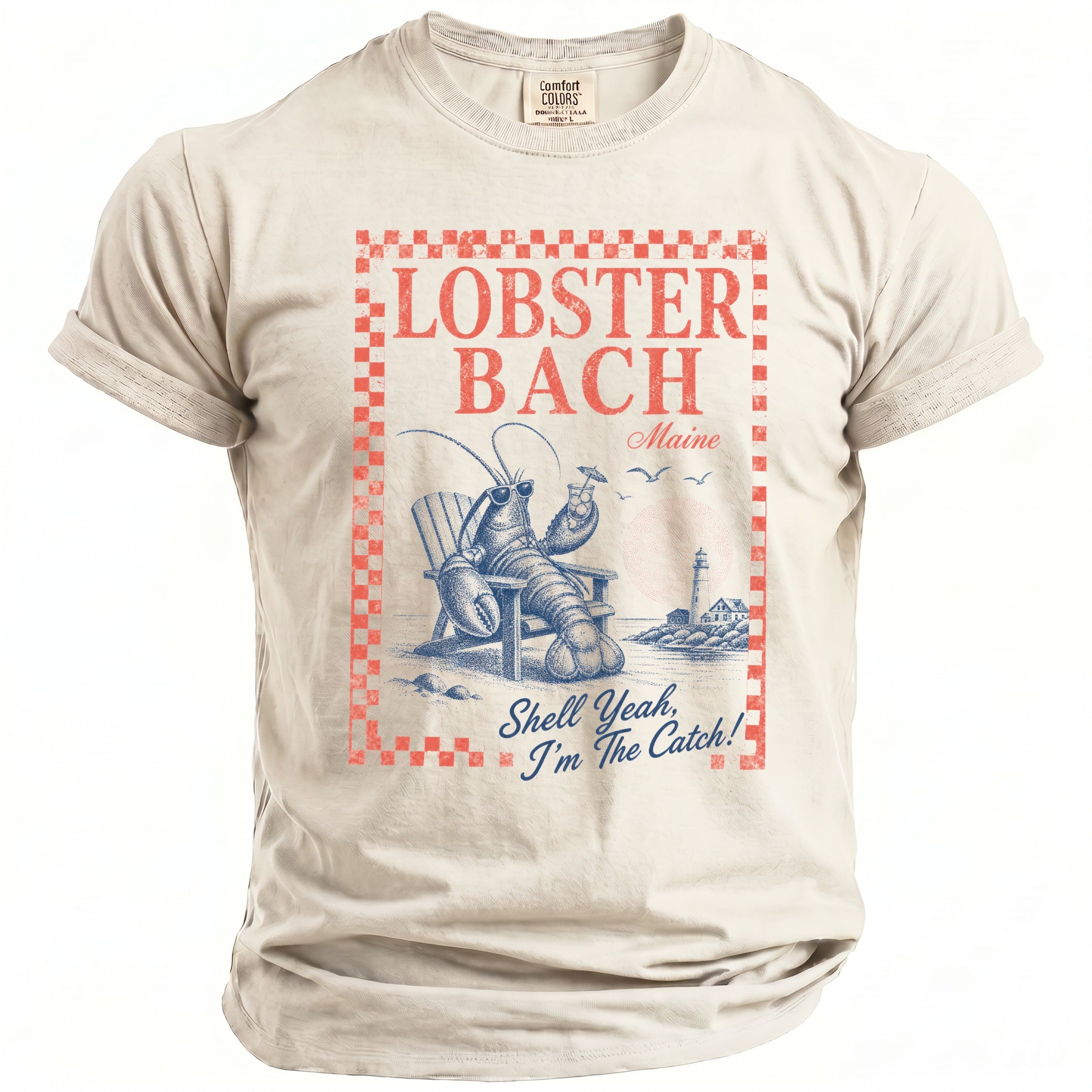 Lobster Bach Maine t-shirt with a lobster holding a drink and a lighthouse scene.