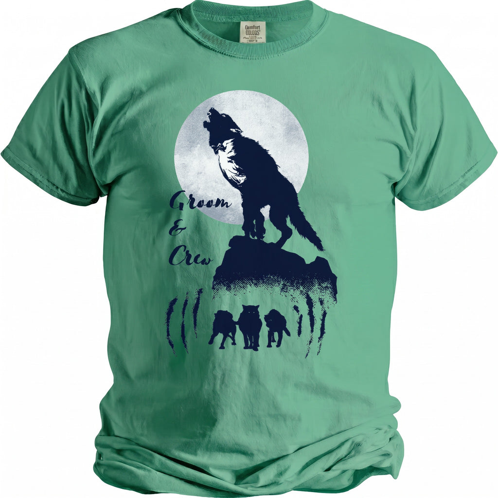 Green t-shirt with wolf howling at moon and Groom & Crew text.