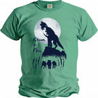 Green t-shirt with wolf howling at moon and Groom & Crew text.