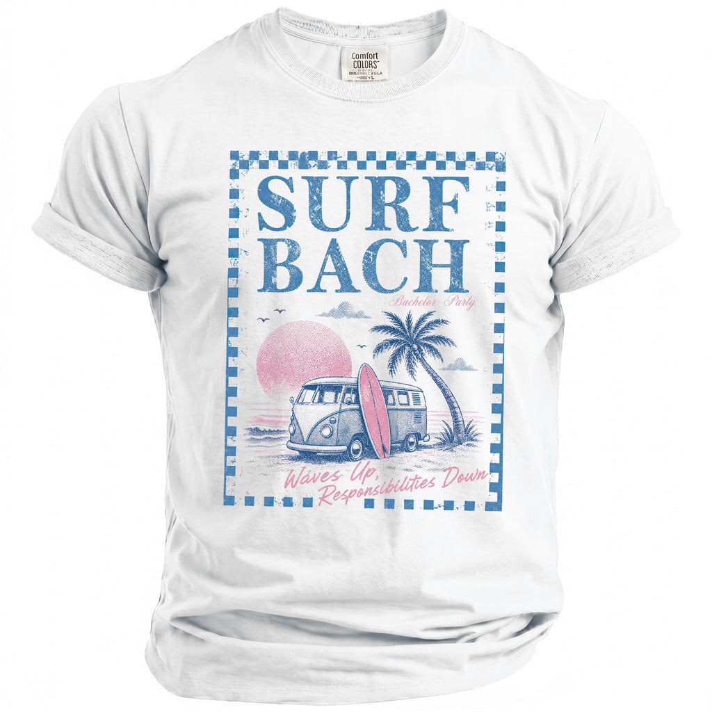 White t-shirt with "SURF BACH Bachelor Party" graphic of a van and surfboard.