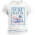 White t-shirt with "SURF BACH Bachelor Party" graphic of a van and surfboard.
