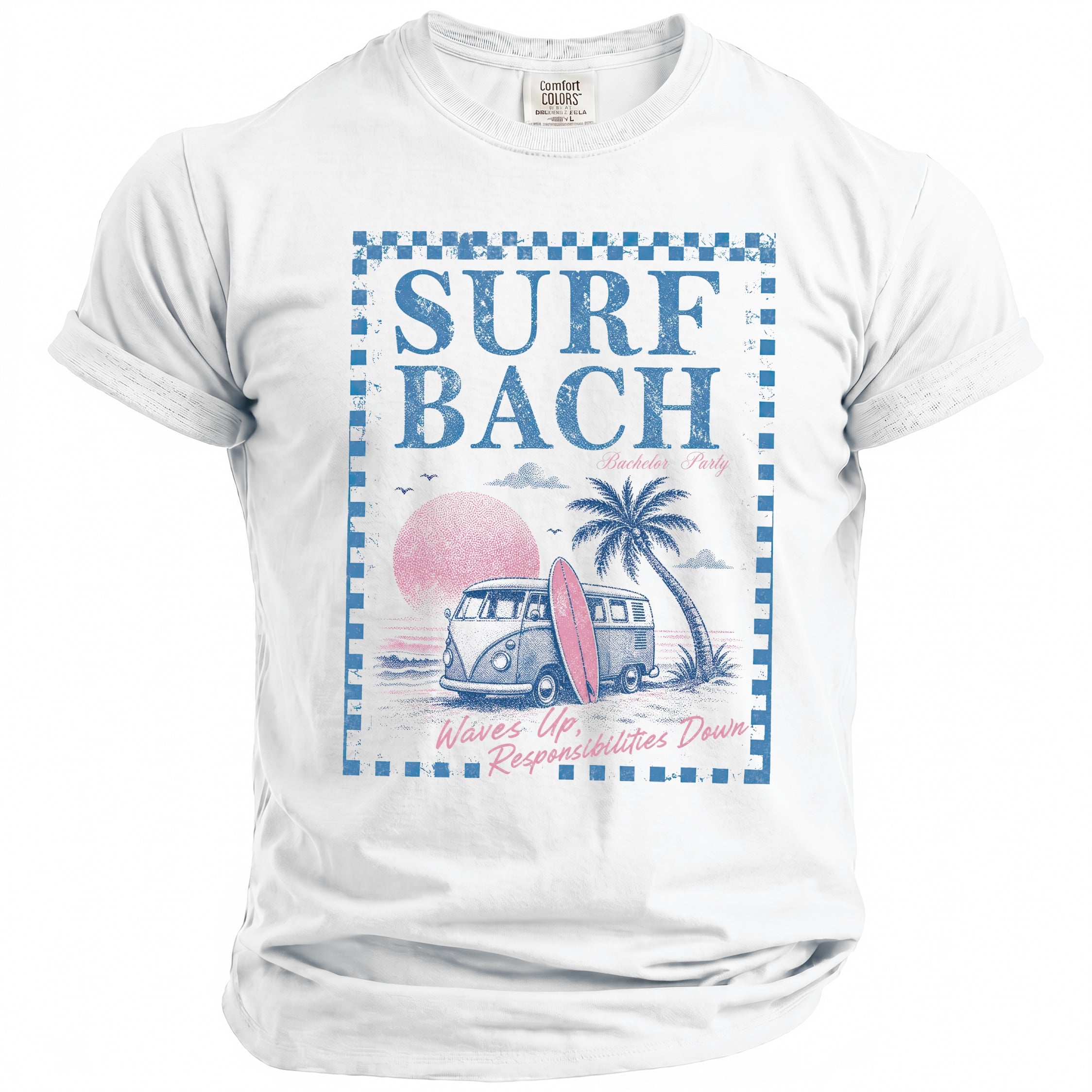 White t-shirt with "SURF BACH Bachelor Party" graphic of a van and surfboard.