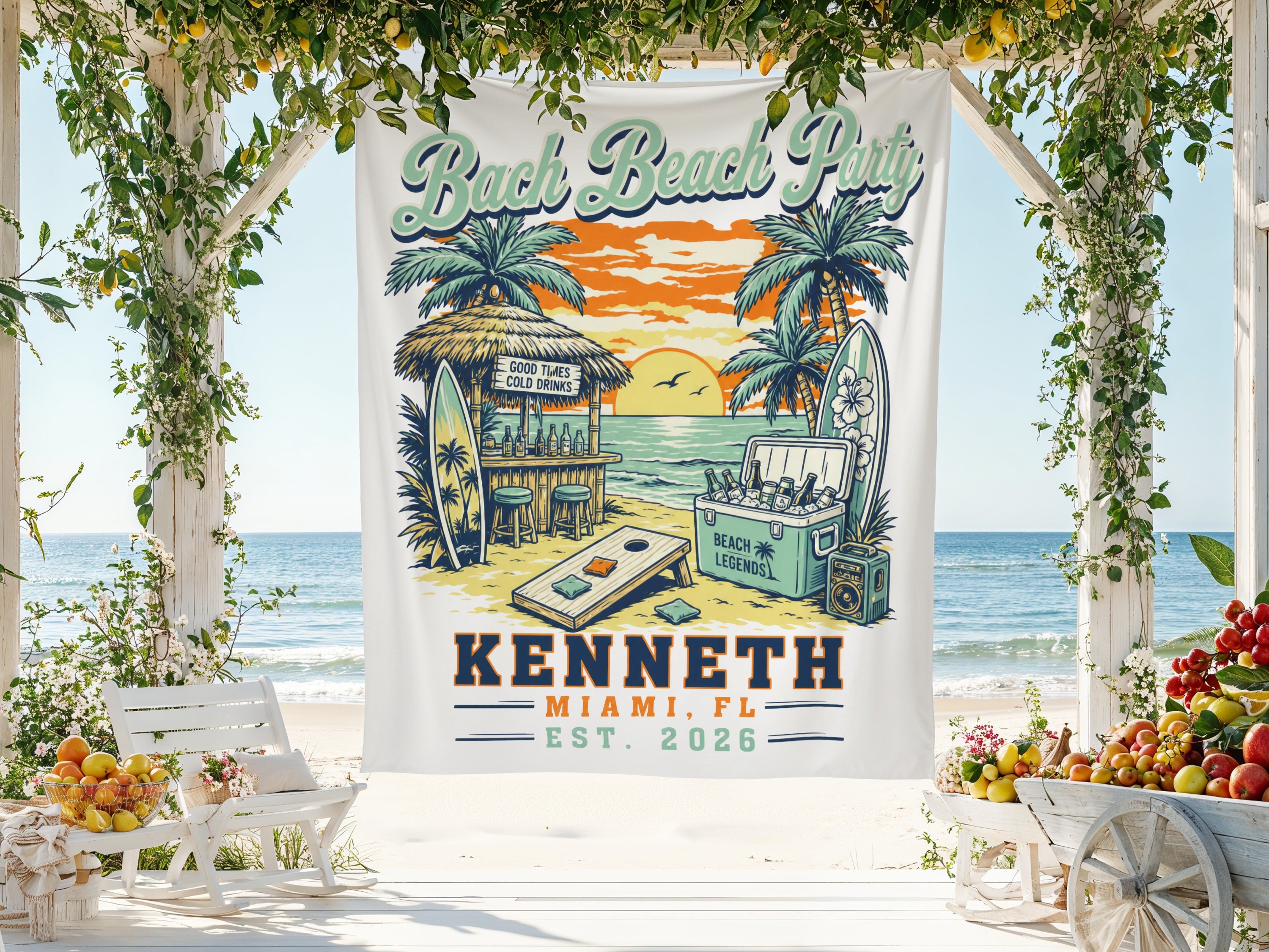 Beach party banner with "KENNETH MIAMI, FL EST. 2026" at the bottom.