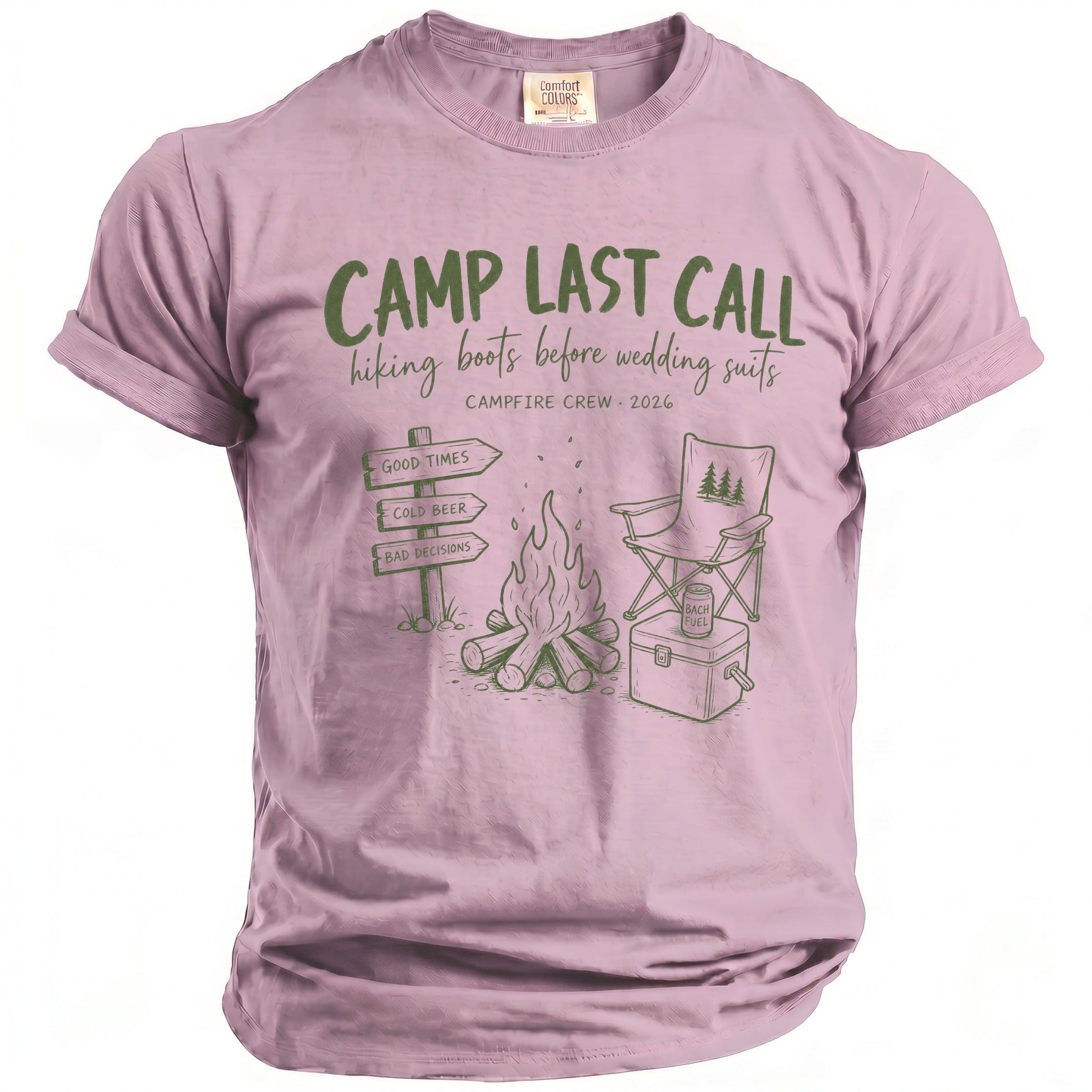 Camp Last Call hiking boots before wedding suits, campfire crew 2026 graphic tee.